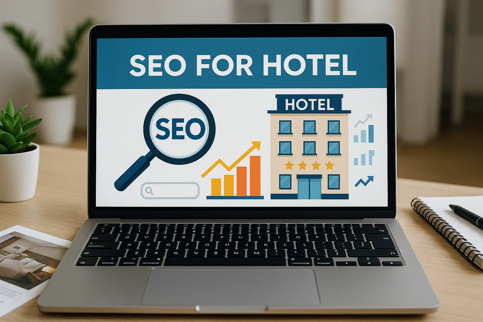 Infographic showing search engine results page with a hotel website ranking at the top, illustrating how SEO increases hotel visibility to potential guests, leading to more direct bookings