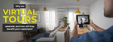 In **The Role of Photos and Virtual Tours**, a person holding a tablet displaying a virtual tour of a bright, modern living room emphasizes the importance of virtual tours in engaging customers. The image includes text asking, "Why are Virtual Tours essential, and how will they benefit your customers?" highlighting how these tools help potential guests explore properties remotely and make confident booking decisions.
